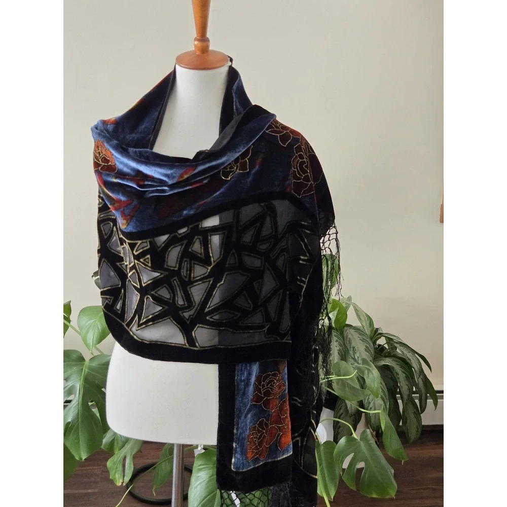 VTG 100% Silk Burnout Velvet Piano Scarf Shawl Art Deco Stain Glass‎ Whimsigoth
